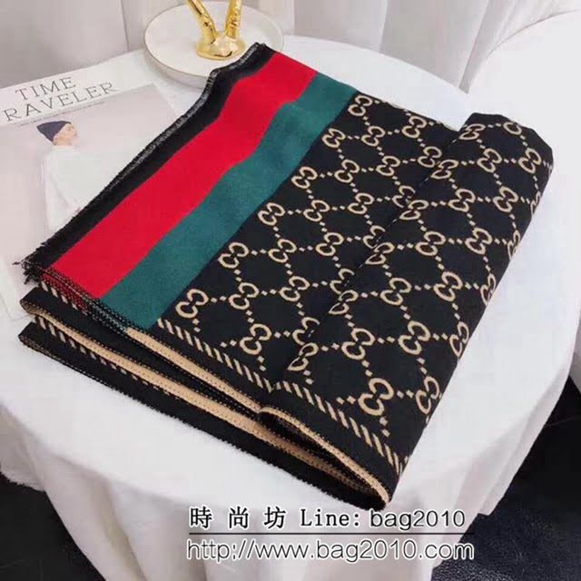 GUCCI古馳 冬季新款綠紅羊毛混紡條紋圍巾 可做披肩 LLWJ6487